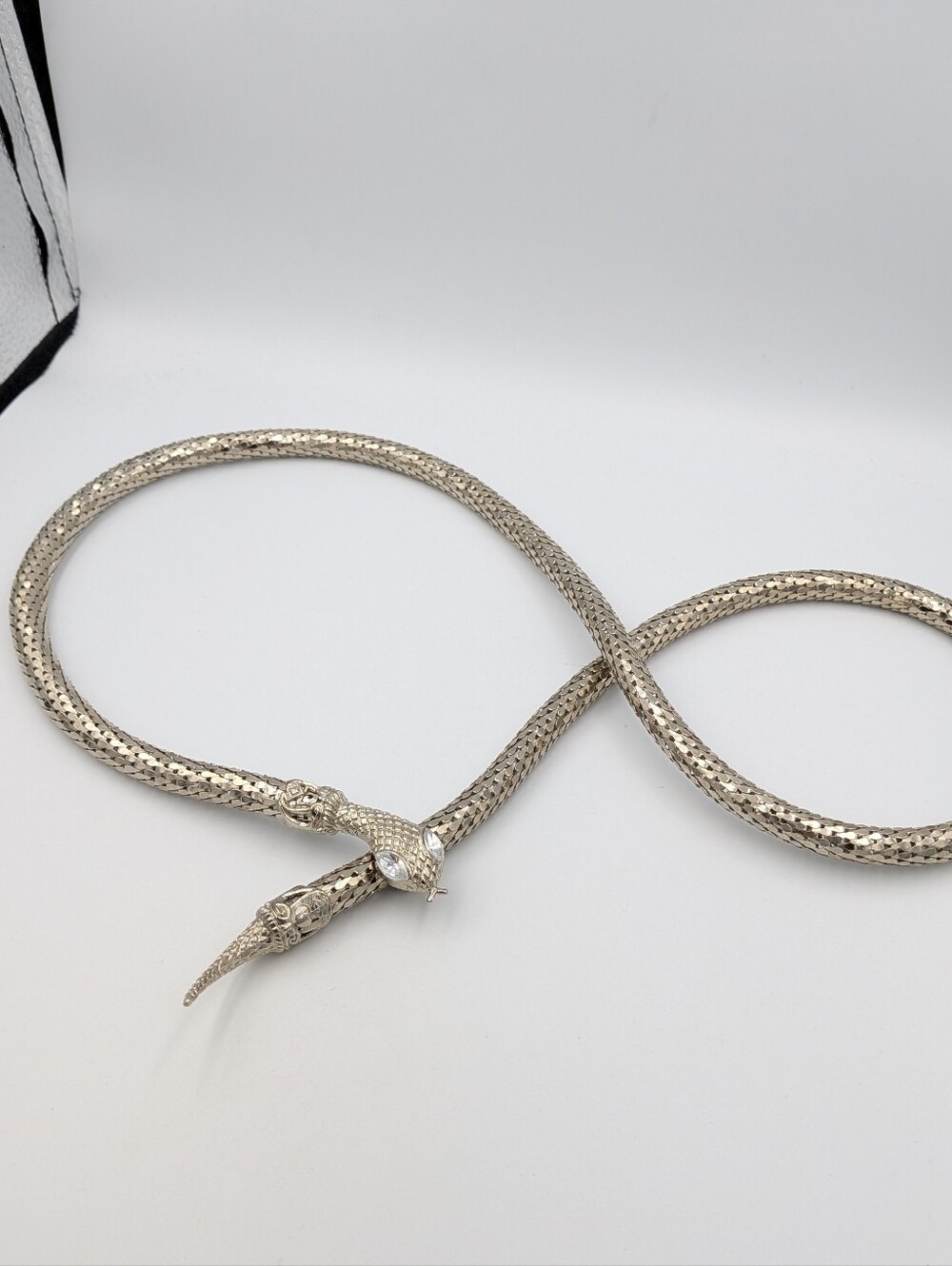 Long snake silver tone mesh necklace adjustable